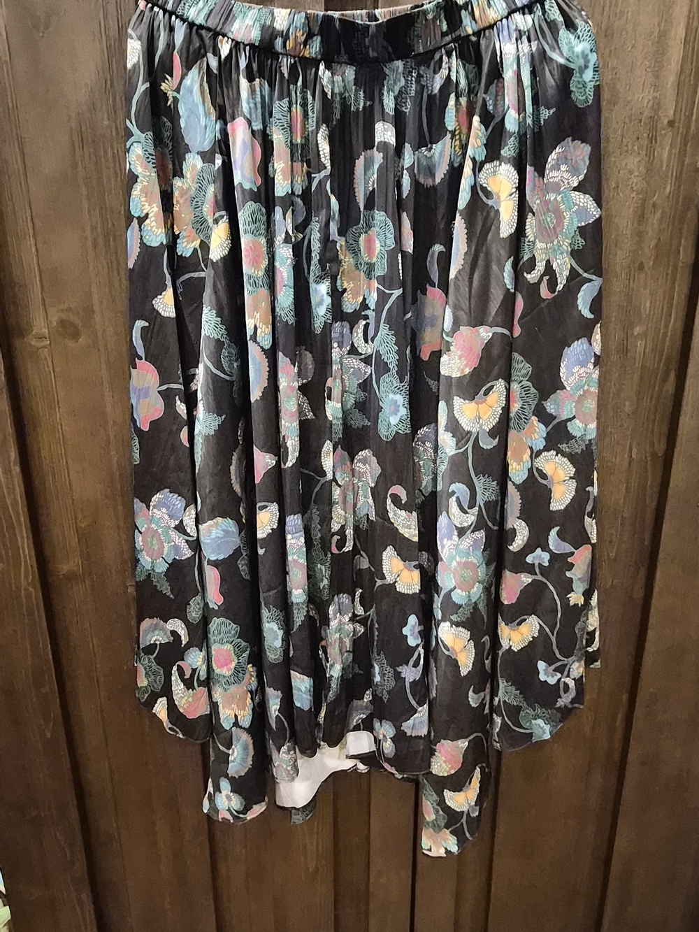 Anthropologie Black Floral Pleated Midi Skirt with Pastel Blooms
